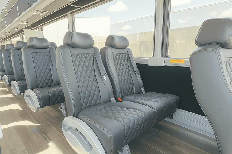 interior of Lewisville Minibus Company charter bus